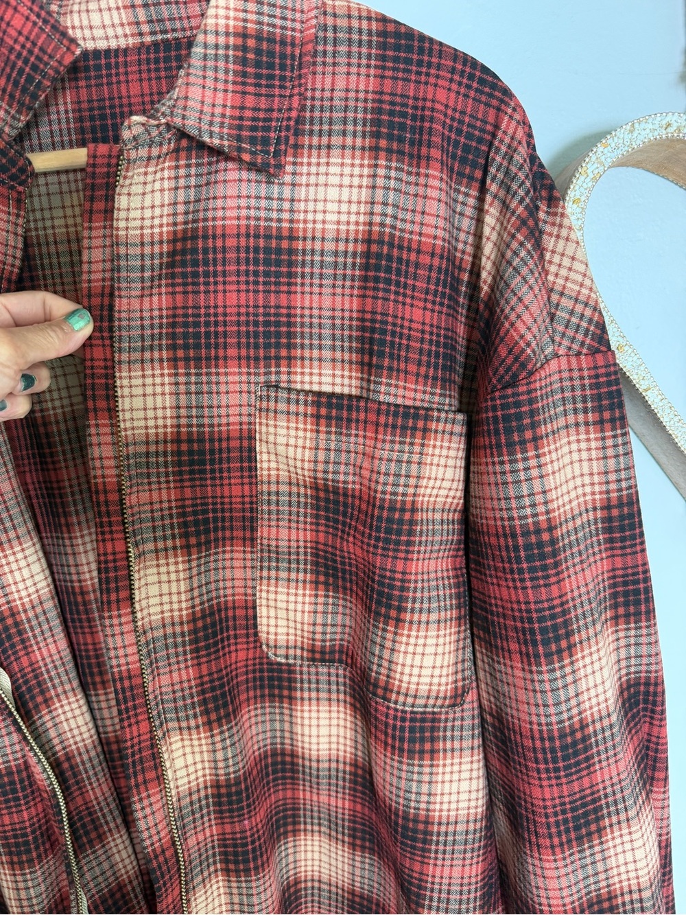 Full Zip Plaid Flannel Shirt Long Sleeve Red Brown Shacket Oversized Top Sz Larg - Picture 7 of 11